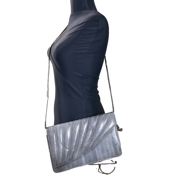 Vintage Eel Skin Leather Gray Handbag Clutch Shoulder Bag Purse removable strap - Picture 1 of 13